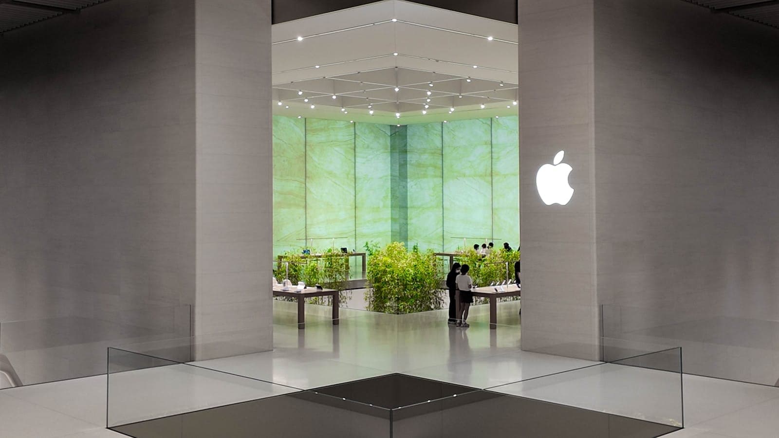 Apple store interior with large windows and logo.