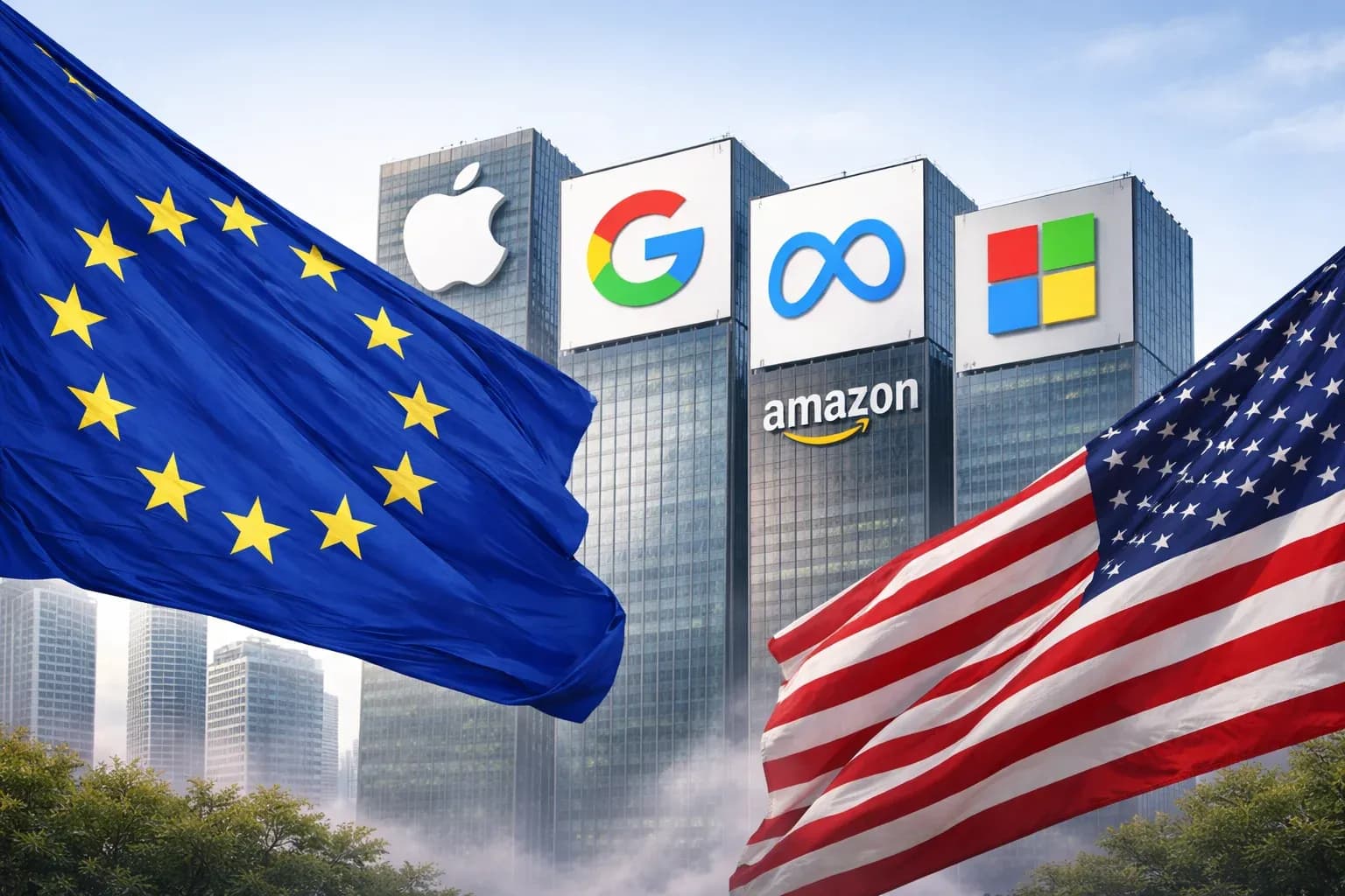 European Union and United States flags facing each other with American technology company logos on office buildings between them, illustrating the argument that Europe should tax US digital services.
