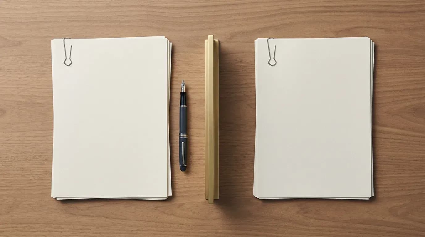 Illustration of an overhead view of a desk with two separate stacks of blank paper divided by a vertical brass bar.