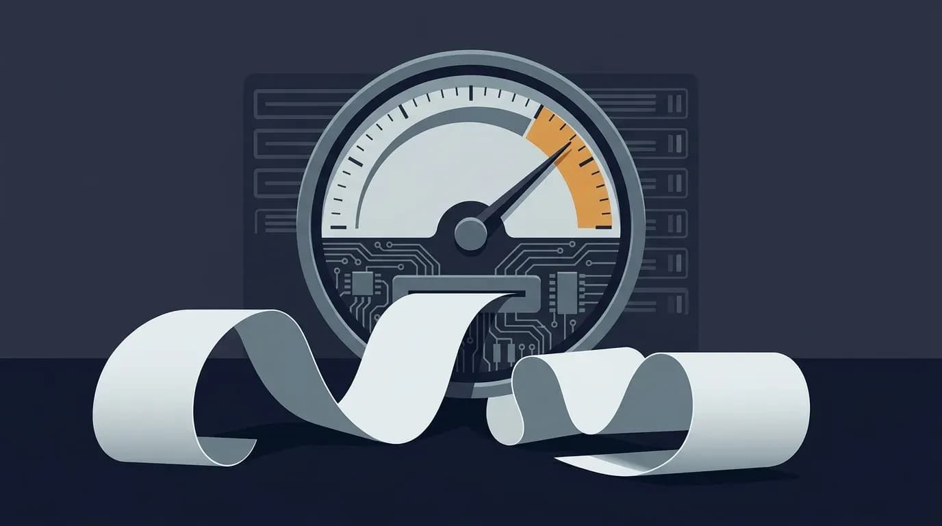 Illustration of a metering dial fused with a circuit board, its needle in the high zone, with a paper receipt unspooling in front