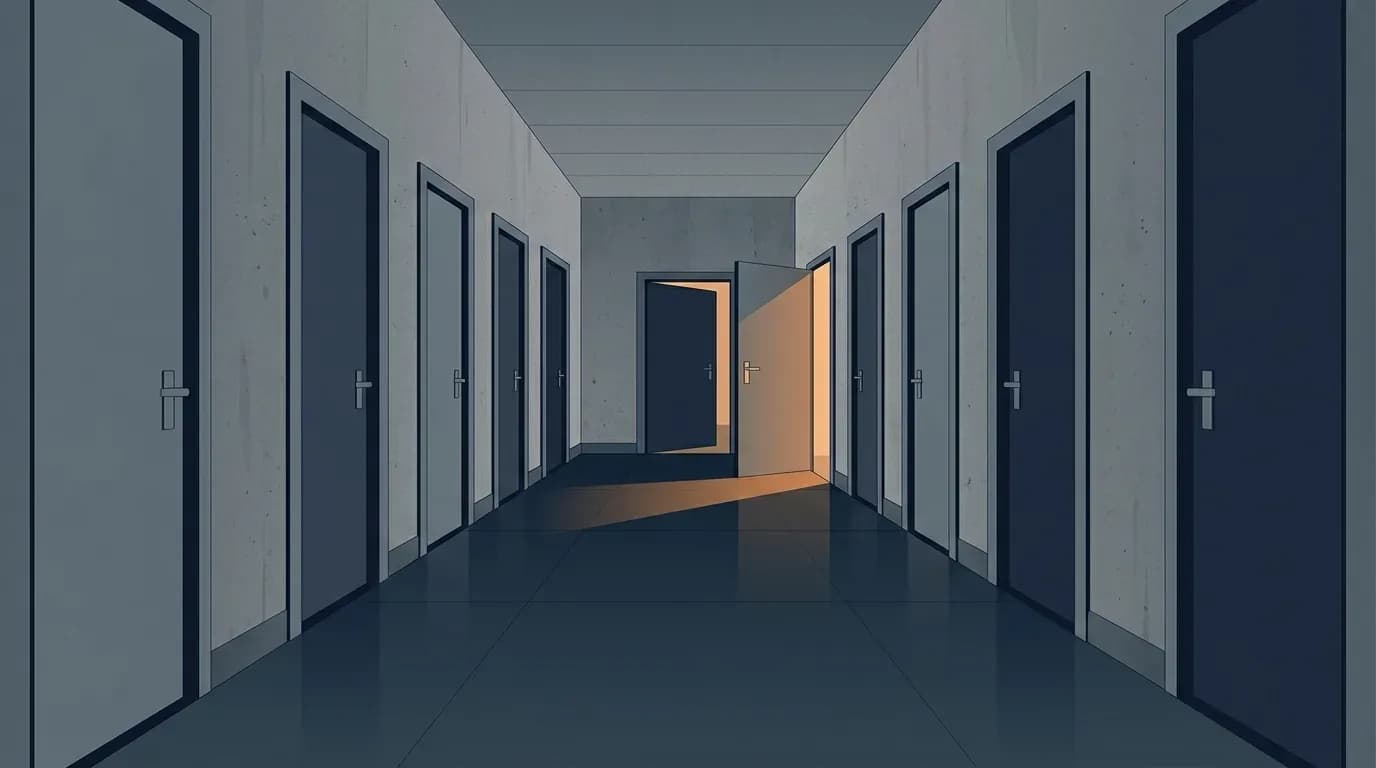 Illustration of a long corridor of closed grey doors with one standing open and light spilling across the floor