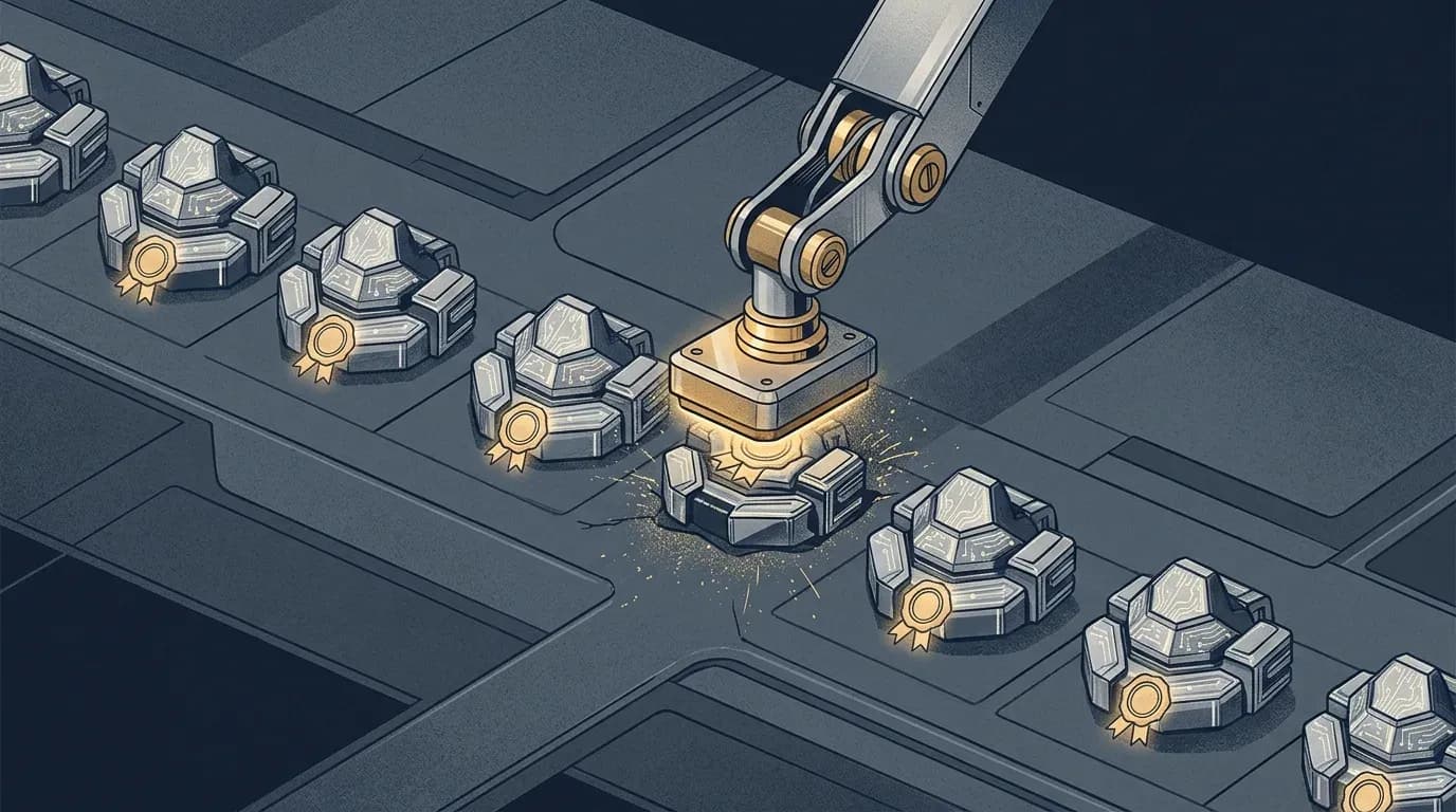 Illustration of a row of small AI agent tokens each stamped with a certificate seal, representing verifiable identity for AI agents