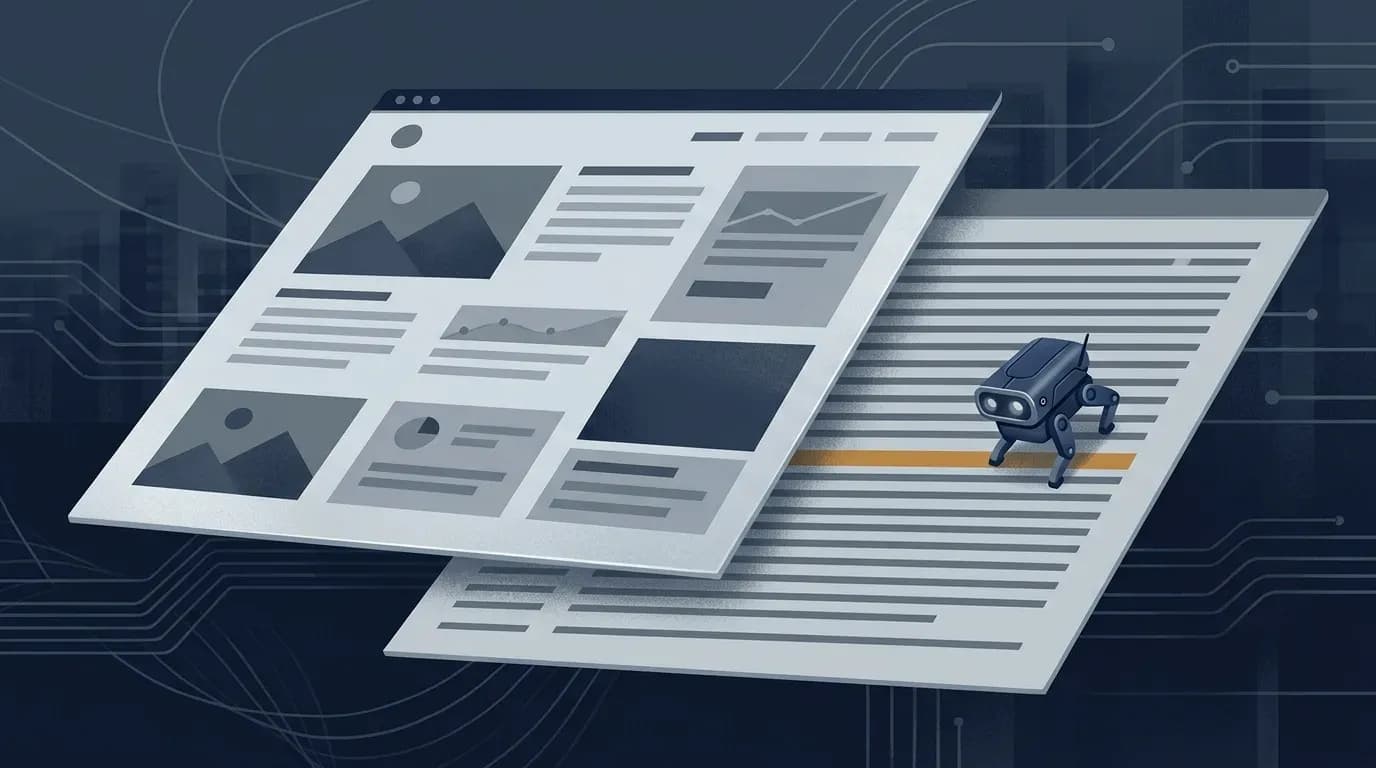 Illustration of a web page shown in two layers, one for people and a stripped-down text version read by a small robot with one highlighted line