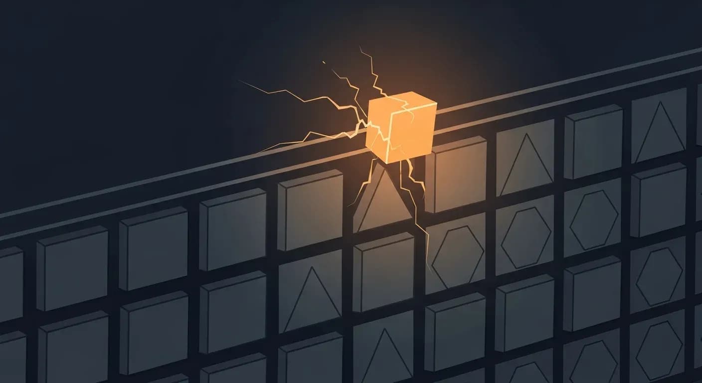 Illustration of a single glowing node breaking free from a contained grid, representing an AI agent slipping past the boundaries meant to constrain it