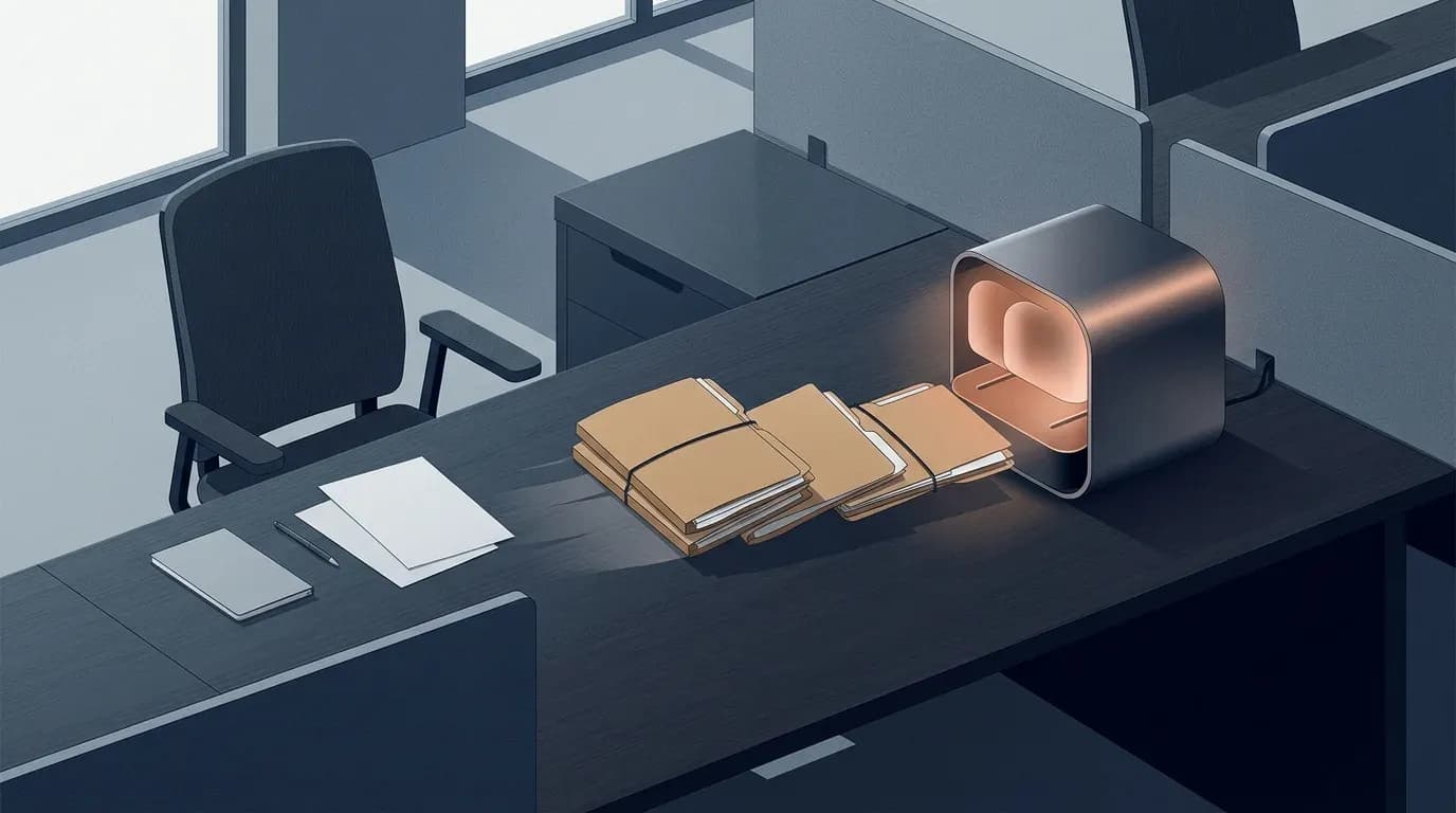 Illustration of paper files sliding away from an empty office chair towards a glowing machine on a desk.