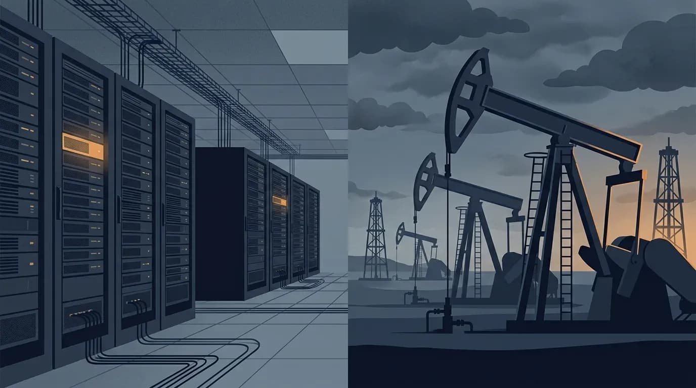 Illustration of a data center of server racks beside oil pump jacks, split down the middle.