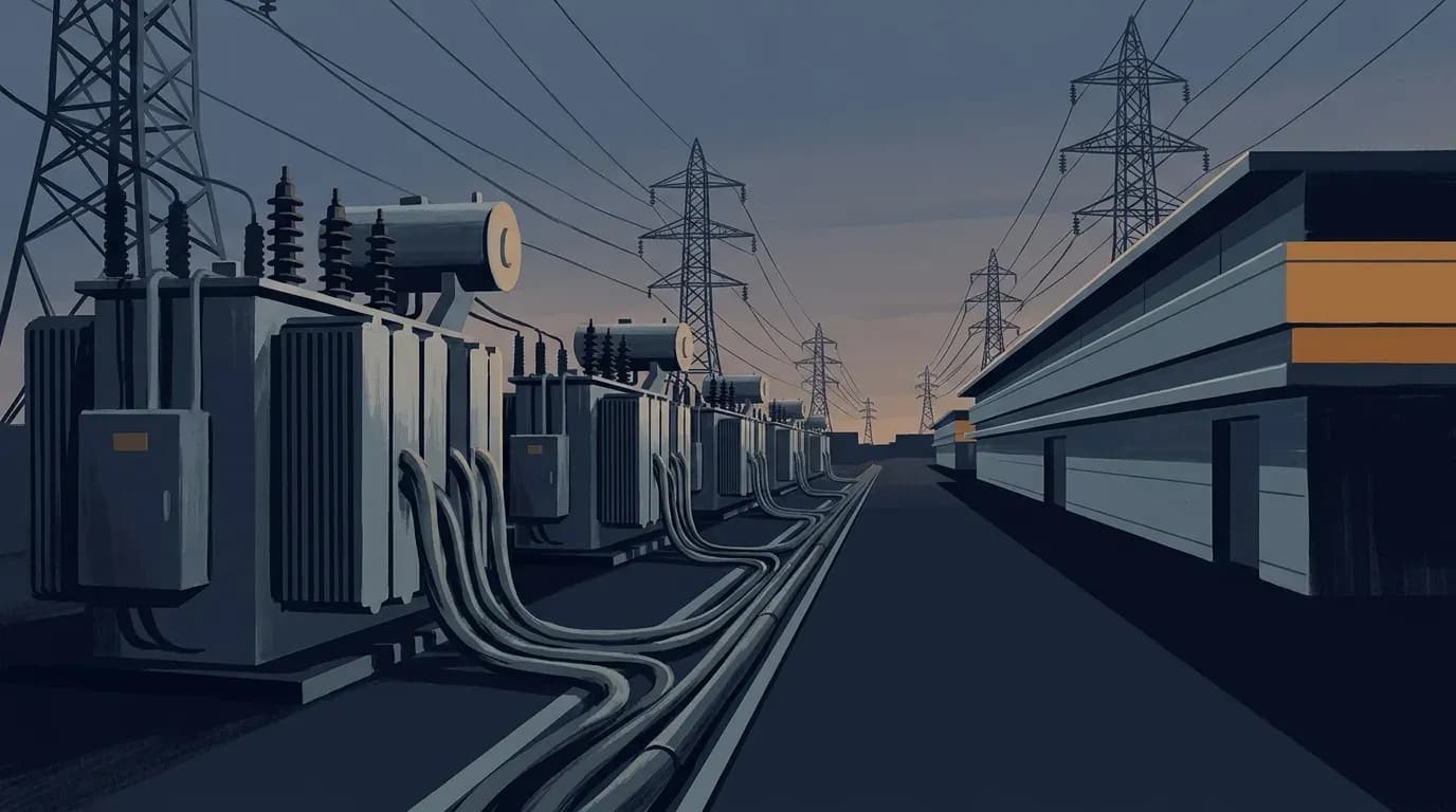 Illustration of electrical power transformers and transmission lines beside a data centre at dusk