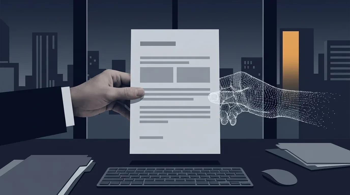 Illustration of a human hand and a translucent digital hand both reaching toward the same document on a desk, representing shared human and AI control over job search and career decisions.