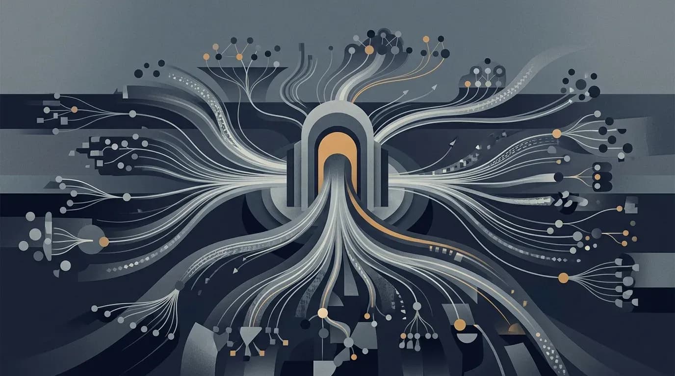 Illustration of a central routing hub sending streams of data out to many AI model nodes