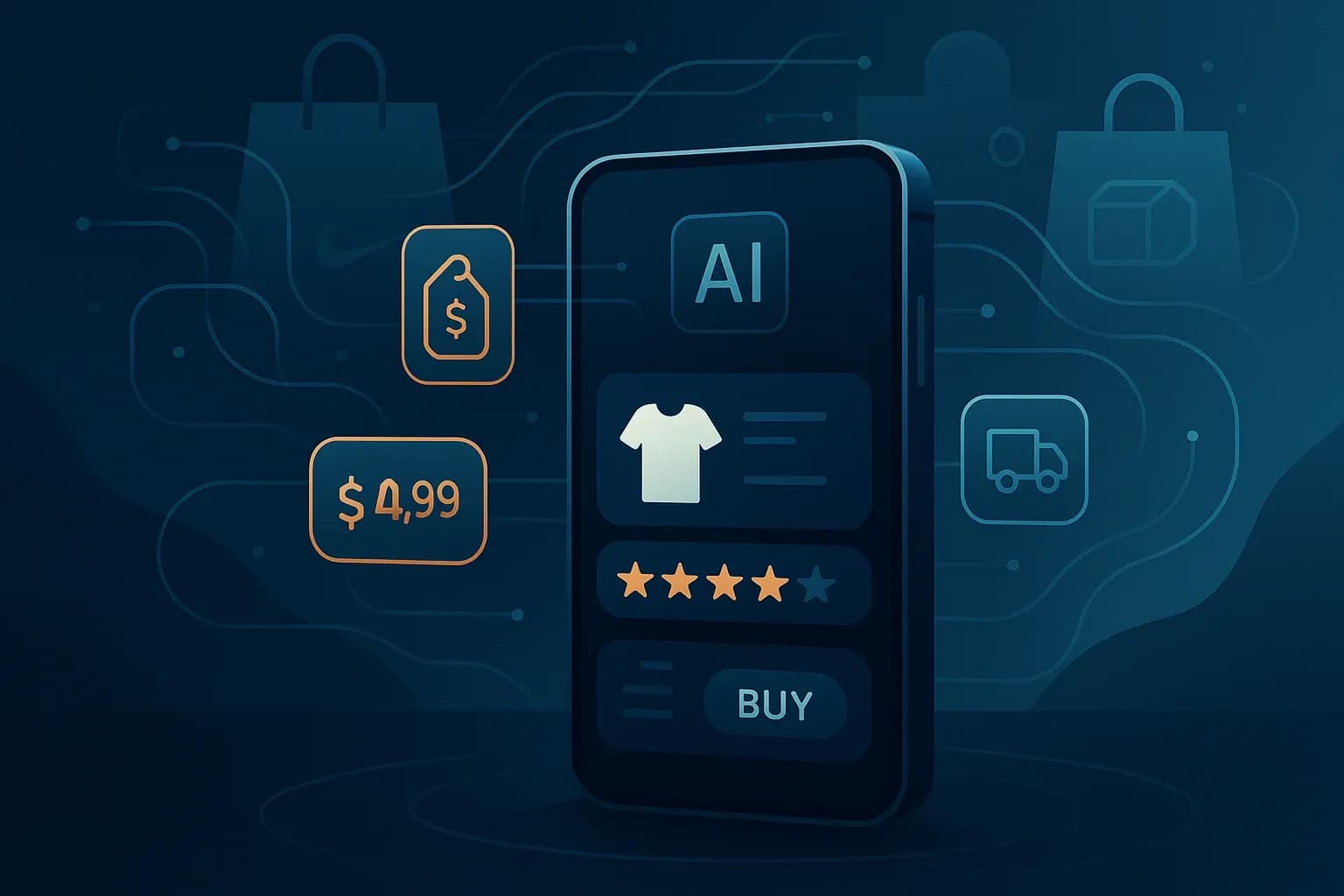 Smartphone displaying AI-powered shopping interface with product selection, price, ratings and buy button, surrounded by floating data elements and network connections on dark blue background