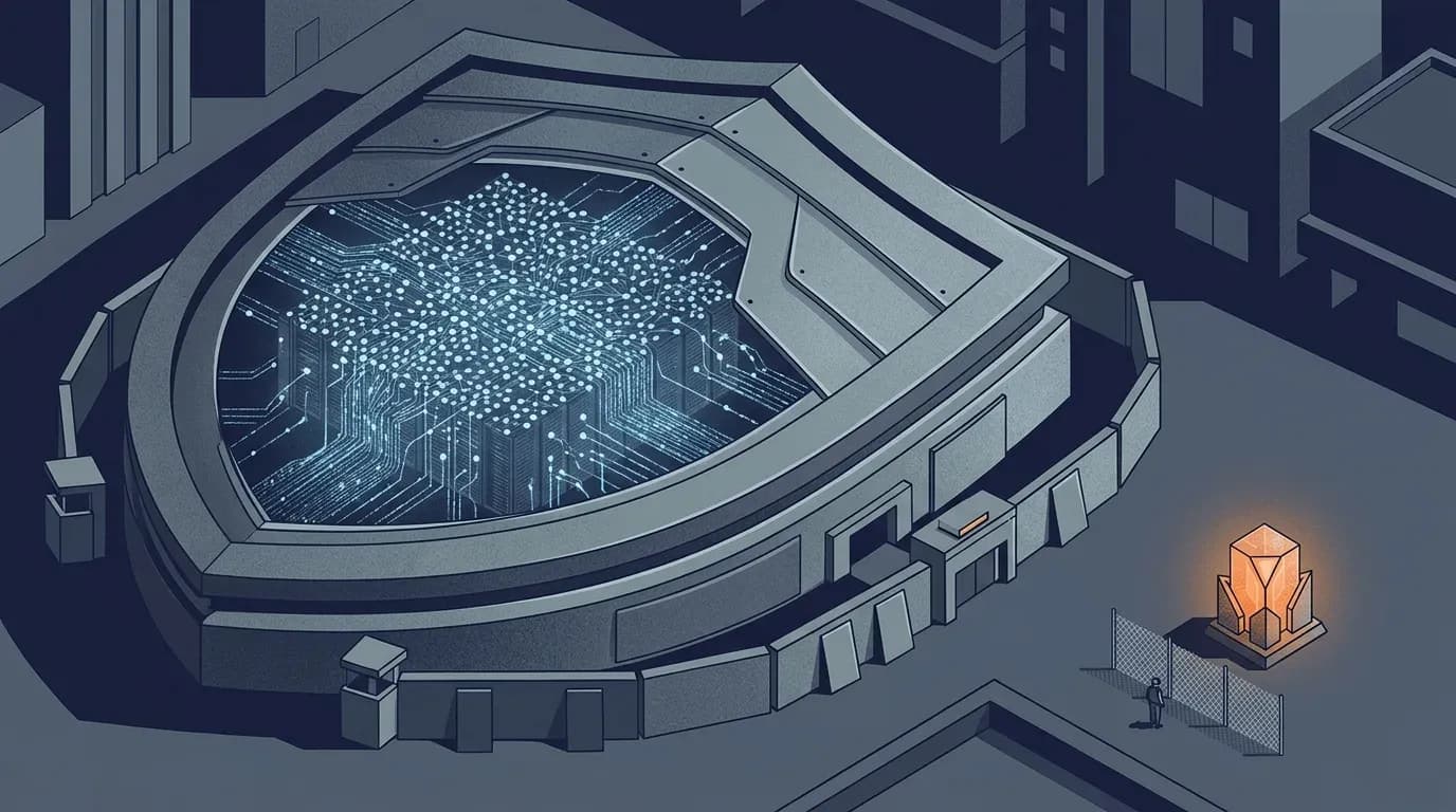 Illustration of a large fortified shield guarding a glowing network while a small AI core sits outside its protection, only lightly guarded