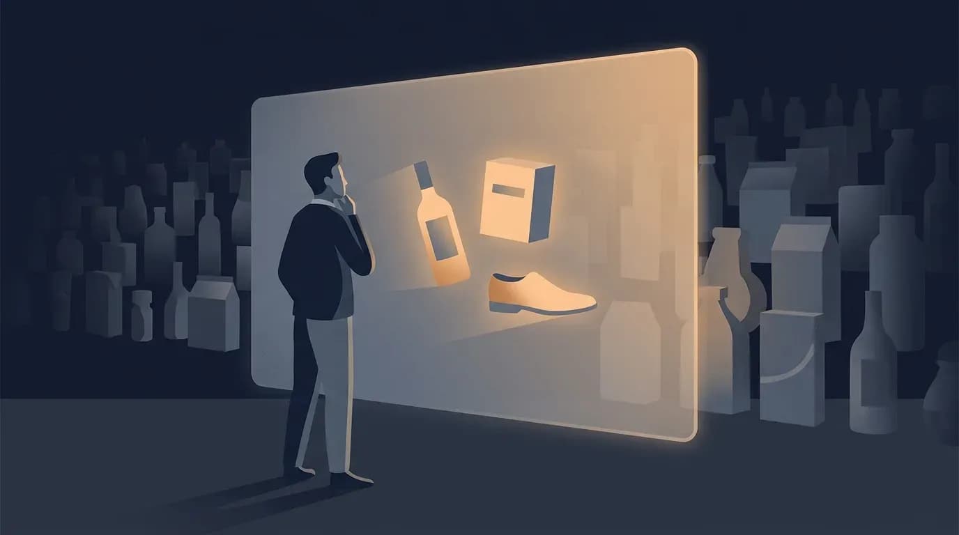 Illustration of a shopper facing a glowing panel that surfaces a few products while many others fade into shadow