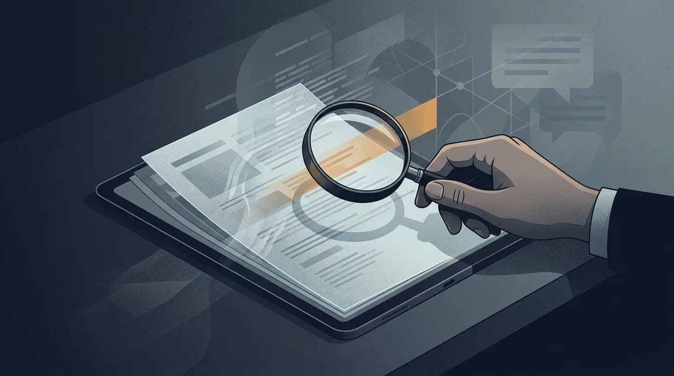 Illustration of a hand holding a magnifying glass over a glowing digital document, symbolizing verifying information from AI.