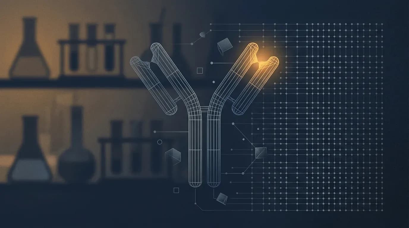 Illustration of a wireframe antibody molecule emerging from a data grid with laboratory glassware behind it