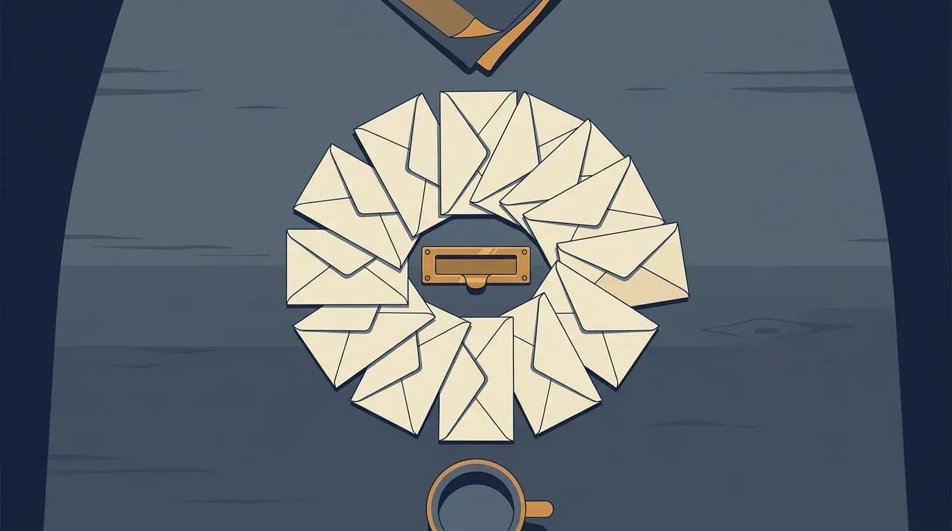 Illustration of identical cream envelopes arranged in a ring around a single brass letterbox slot on a dark table