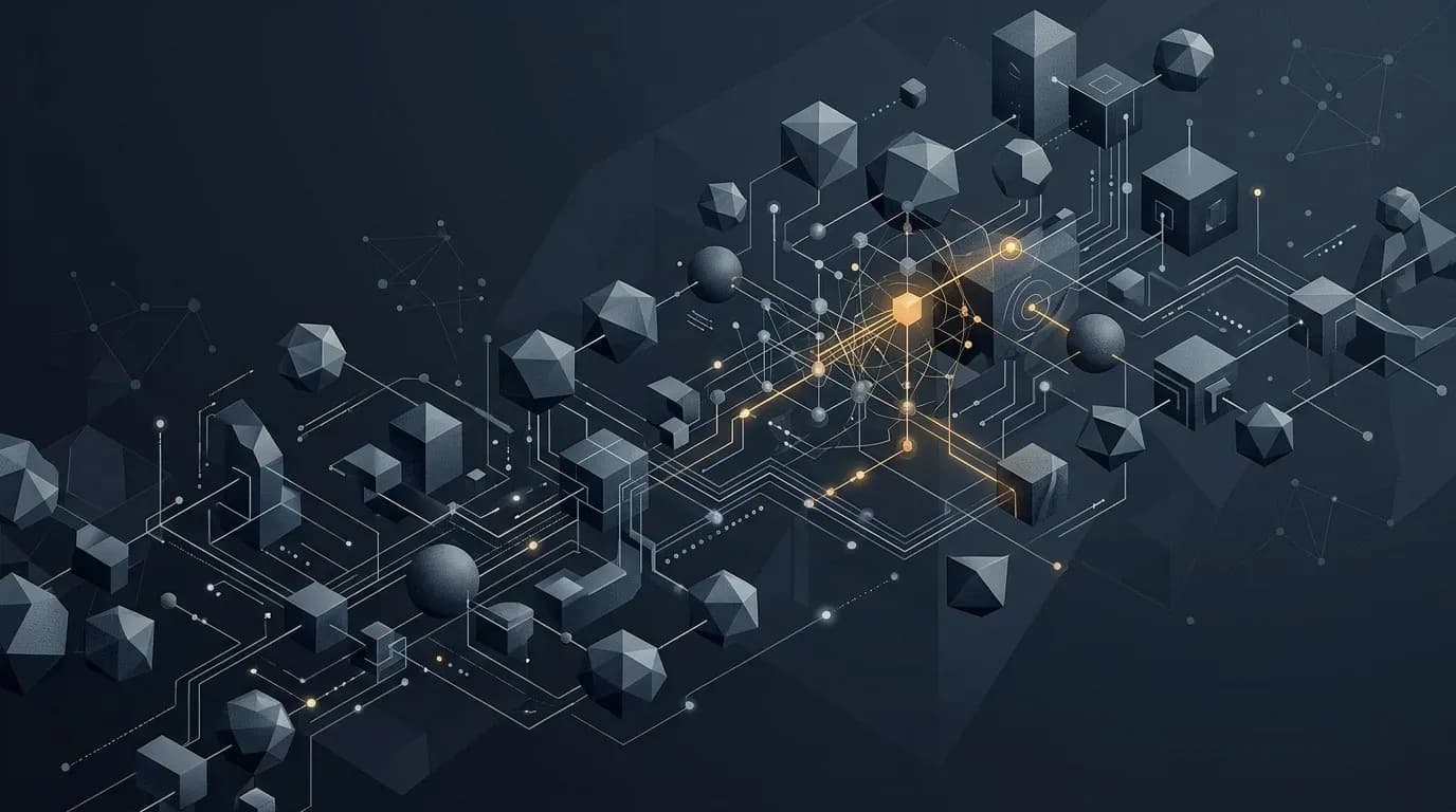 Illustration of interconnected 3D data nodes representing OpenUSD interoperability for AI and robotics workflows