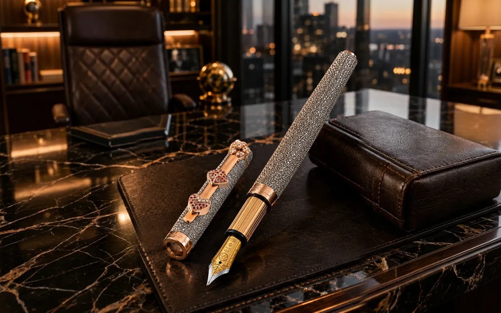 The Imperial Nocturne fountain pen by Anita Mai Tan, displayed on a desk in a luxury office at dusk, 16:10