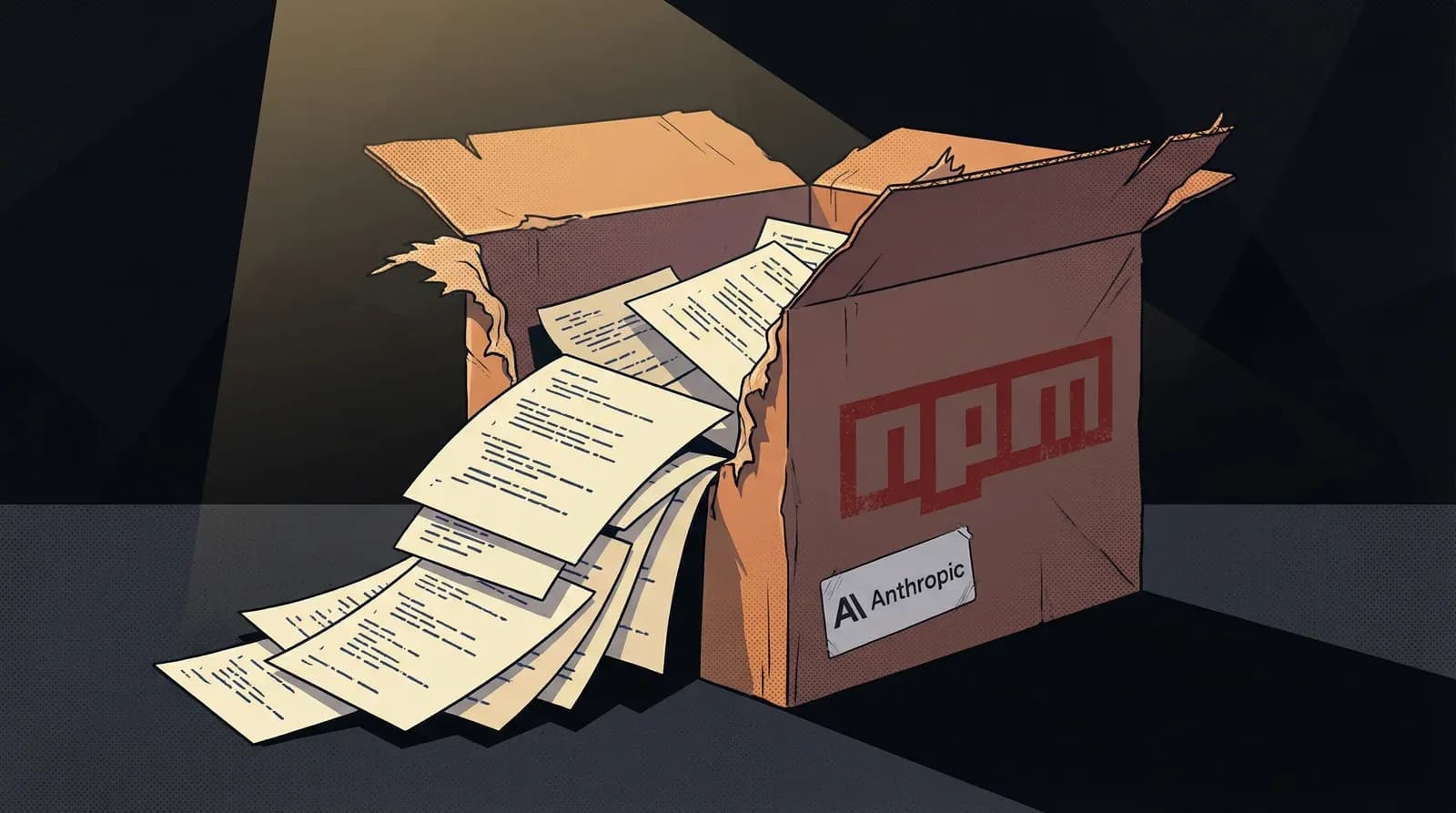 Torn npm package with Anthropic source code spilling out