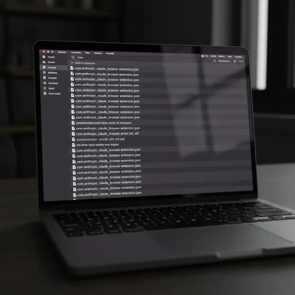 MacBook screen displaying Anthropic Claude browser extension configuration files in a dark office