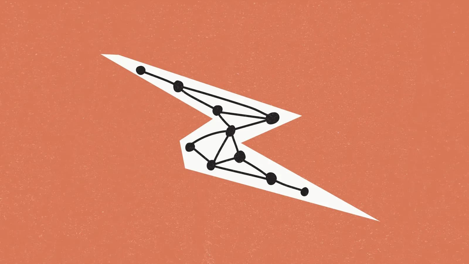 Abstract illustration of a white lightning bolt on a terracotta background with a black network of connected nodes drawn inside it