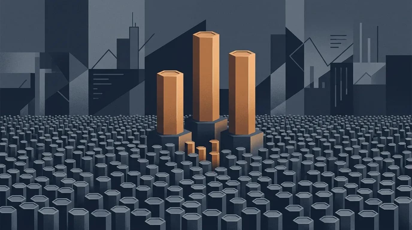 Illustration of a few tall columns rising far above a wide field of many smaller identical ones, representing concentrated voting control