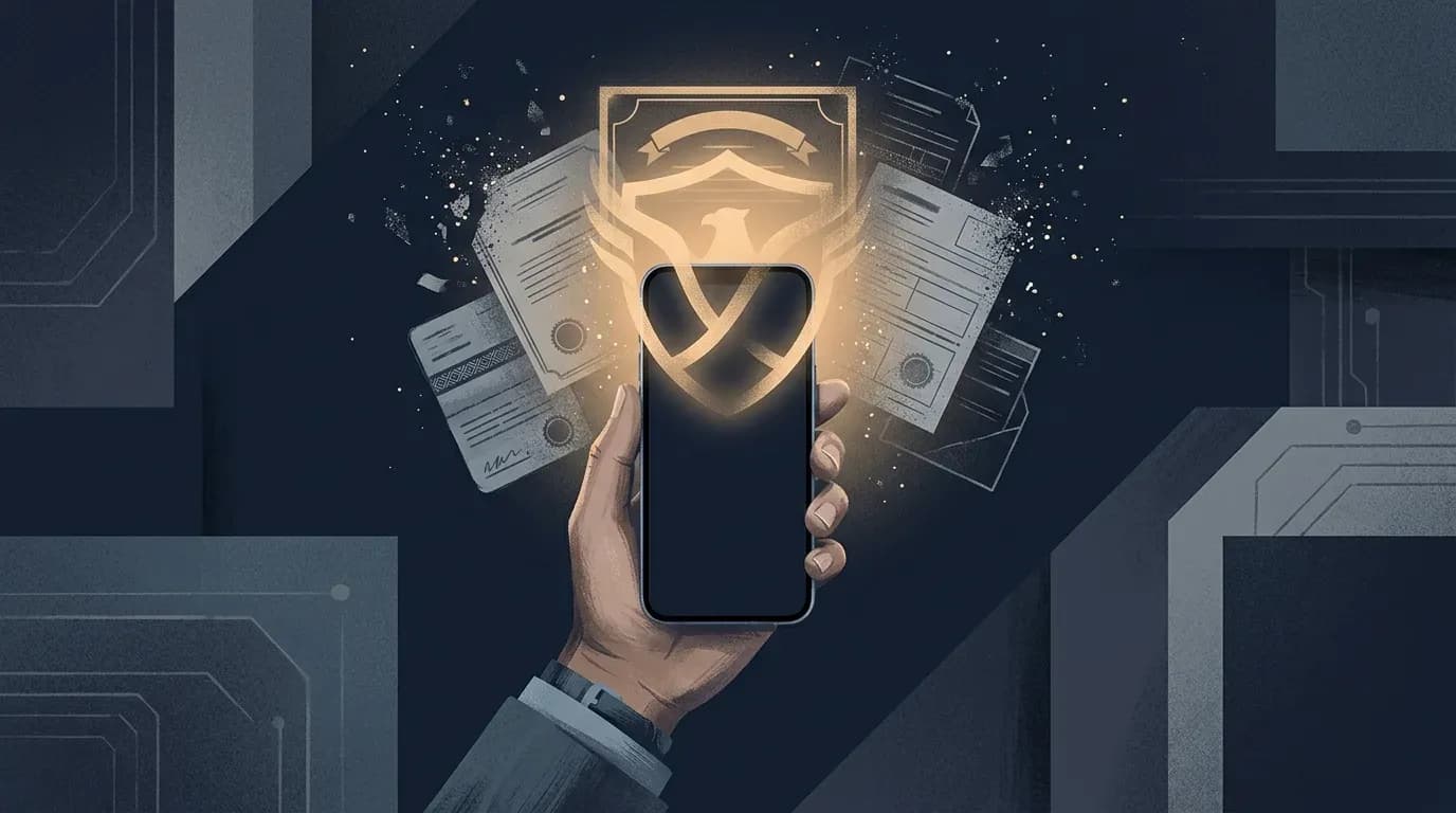 Illustration of a hand holding a smartphone with a glowing shield and paper certificates dissolving into light