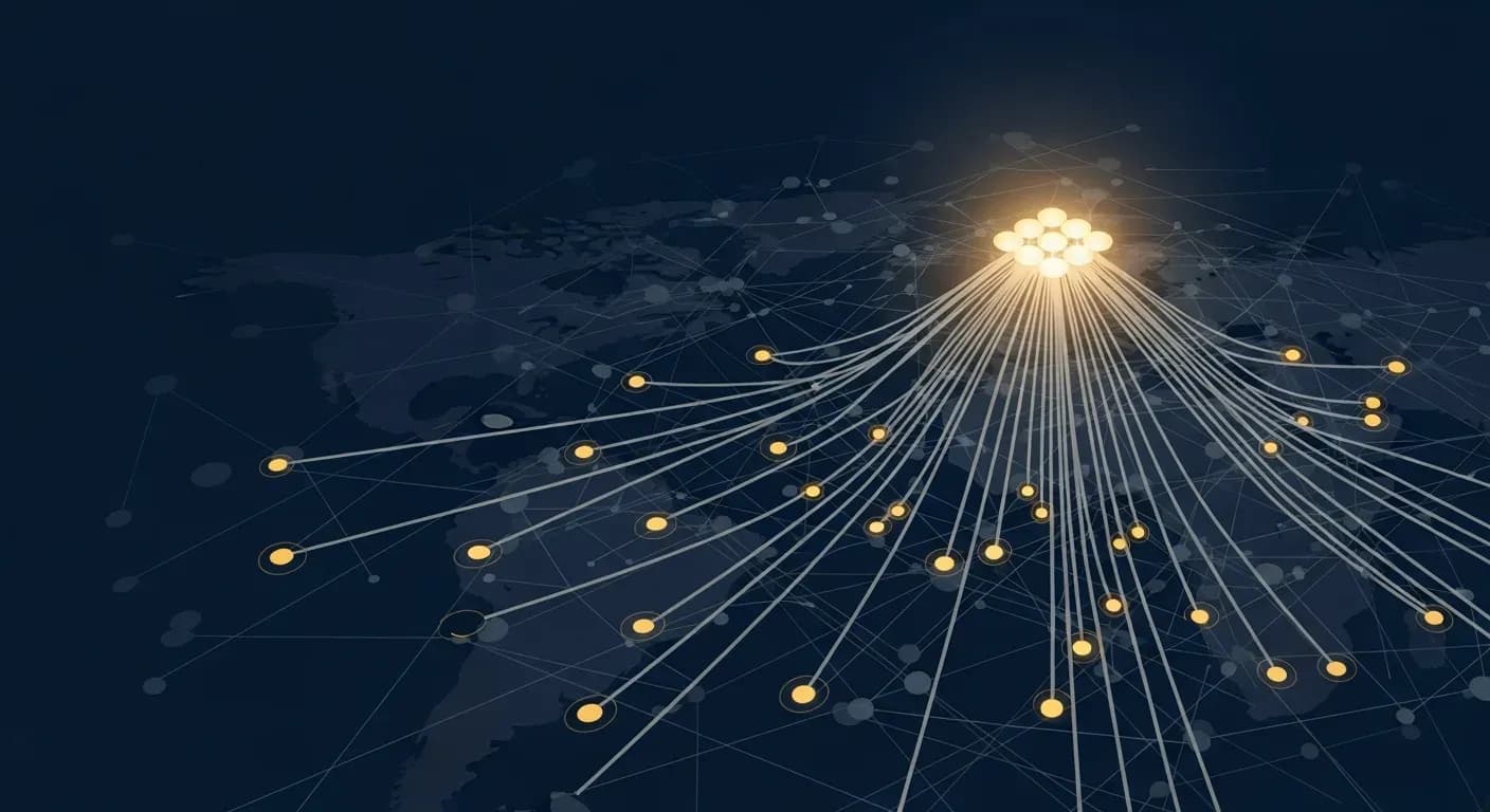 Illustration of a global financial network converging on a single central banking hub