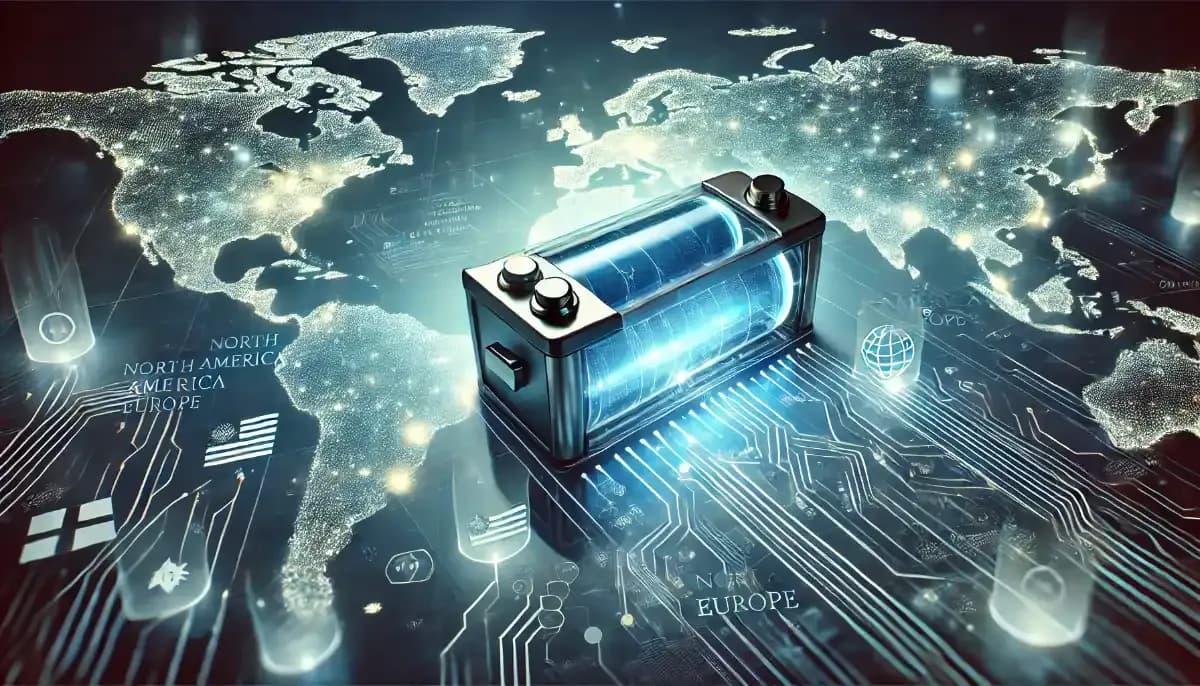 Futuristic battery technology glowing with energy, symbolizing the global race for sustainable energy storage. Digital circuits and a world map highlight competition between China, the US, and Europe in battery manufacturing and innovation.