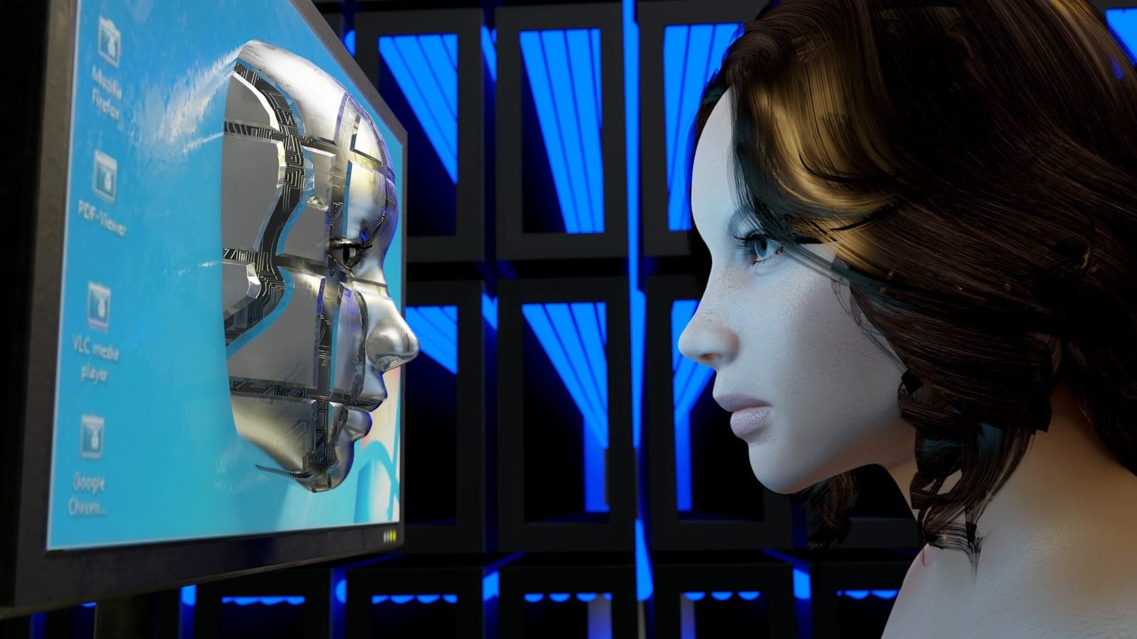 a female mannequin is looking at a computer screen