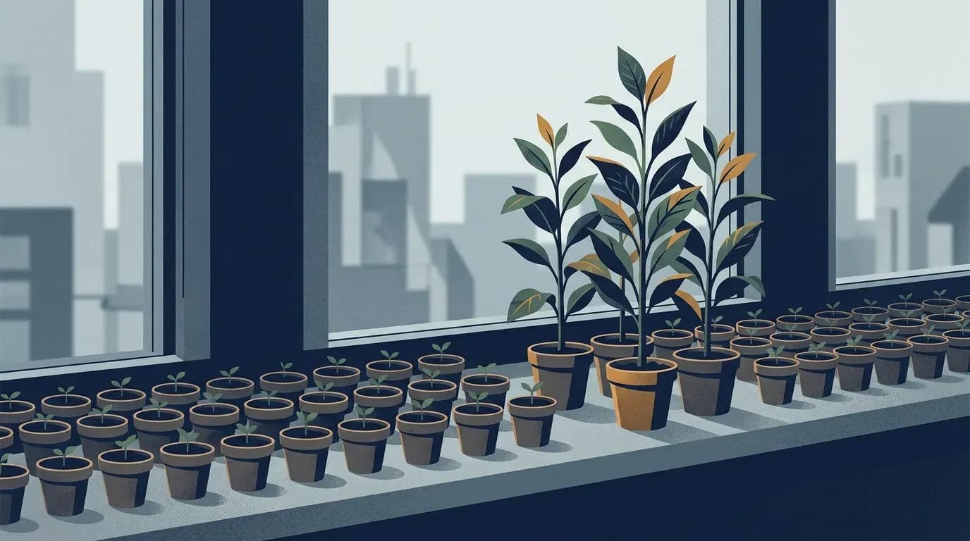 Illustration of rows of small potted seedlings on a windowsill with three taller plants among them