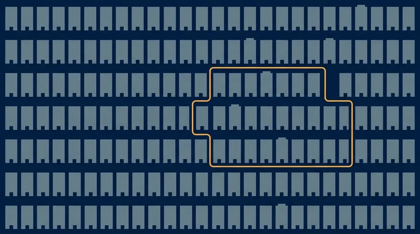 Illustration of evenly spaced rows of identical small building shapes on a dark blue field, with a stepped amber outline drawn around one cluster of them toward the centre right.