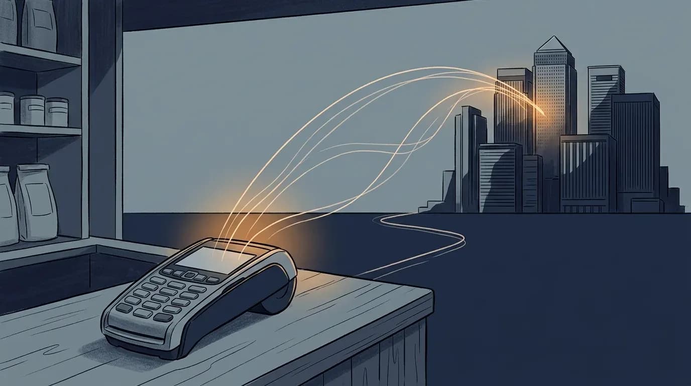 Illustration of a card payment terminal on a small shop counter with lines of transaction data arcing toward distant corporate towers
