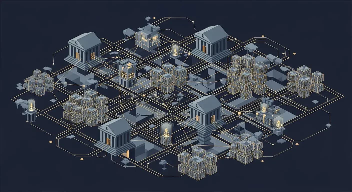 Illustration of blockchain network infrastructure connecting global financial institutions