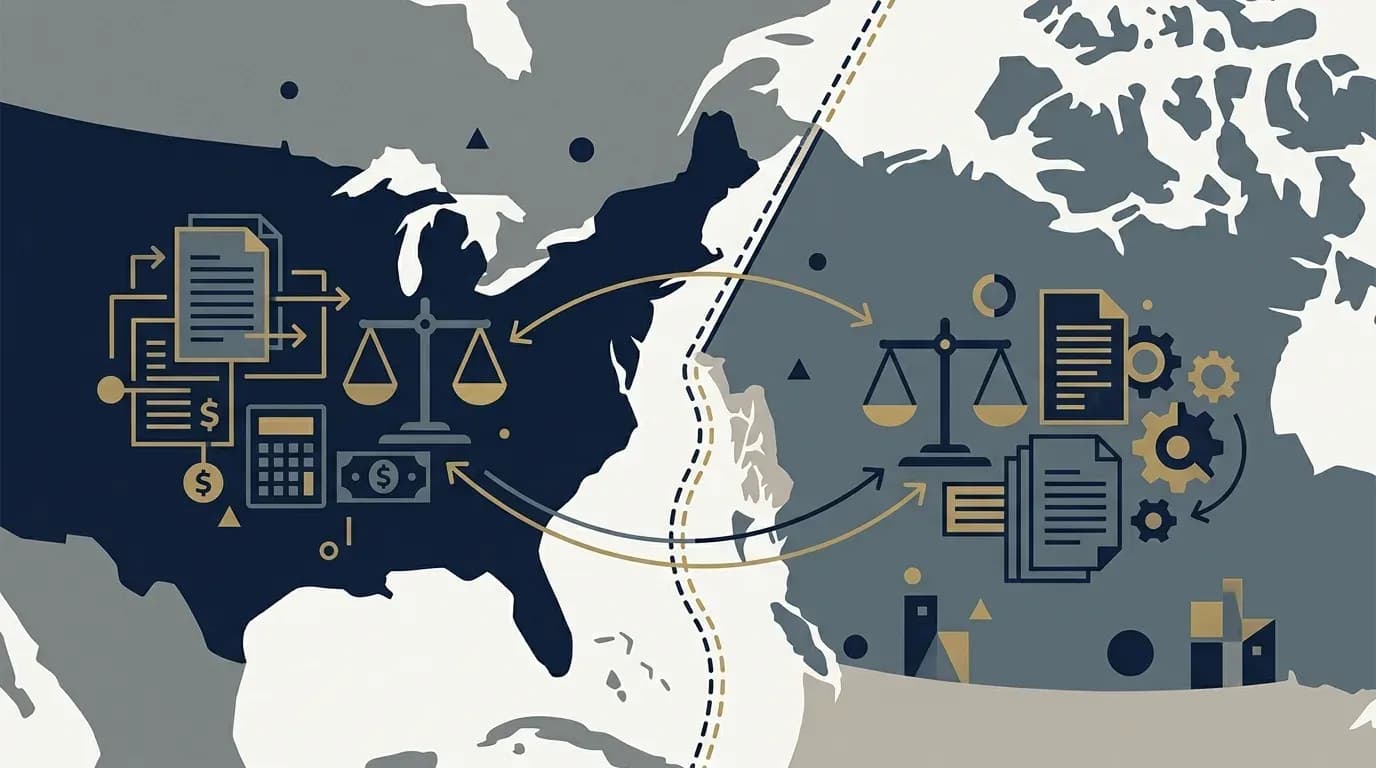 Illustration of a border dividing two financial landscapes, representing cross-border tax planning between the US and Canada