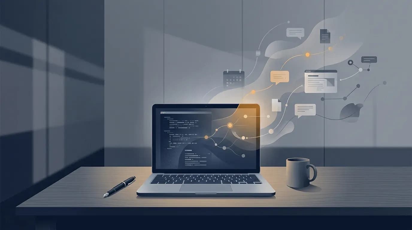 Illustration of an AI assistant observing and remembering activity across a laptop, with app and website traces flowing from the screen