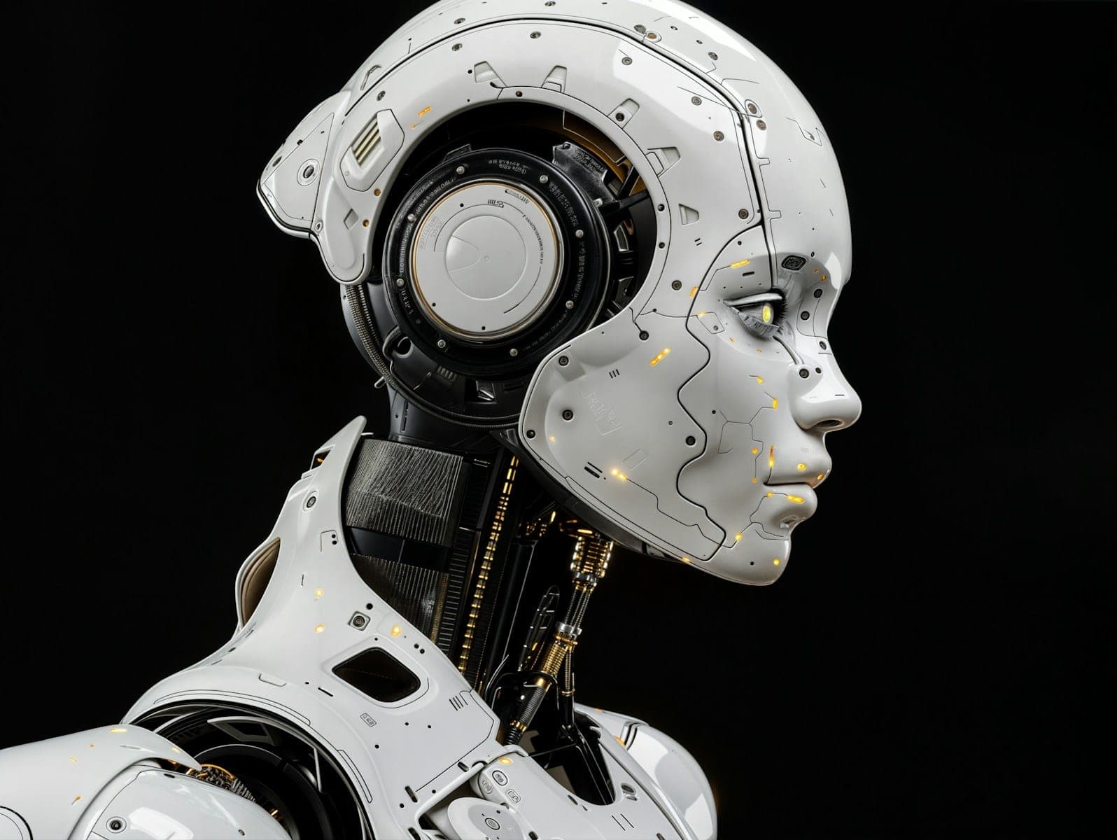 A white robot is standing in front of a black background