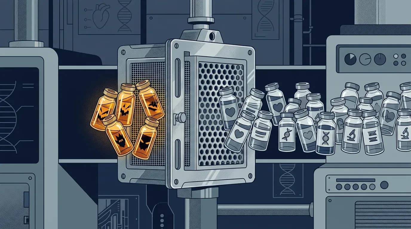Illustration of a laboratory filter letting most sample vials through while a few are held back.