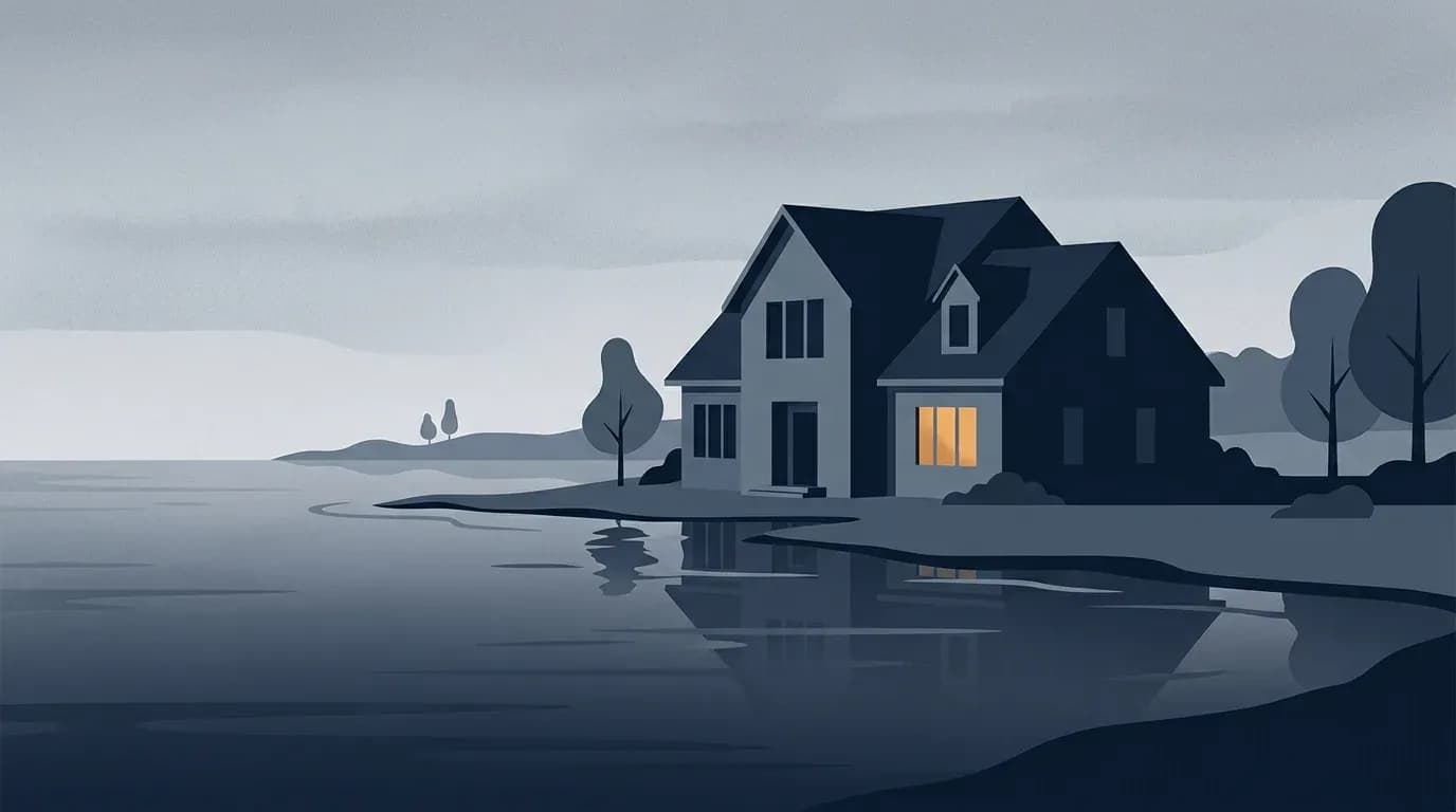 Illustration of a suburban house at dusk with water rising gently at its foundation, one window lit warmly against a muted grey shoreline