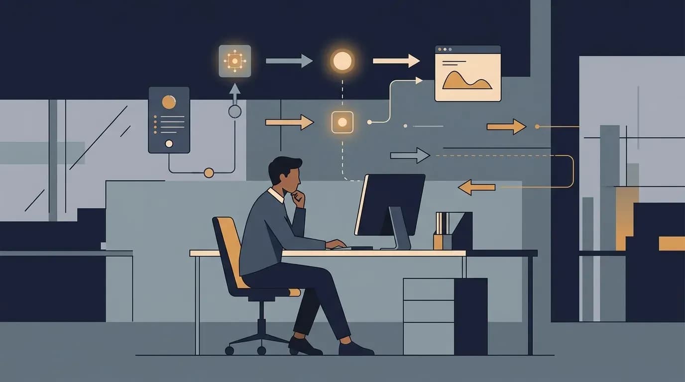 Illustration of digital workflows and AI automation in a modern workplace, with a figure at a workstation surrounded by floating data nodes