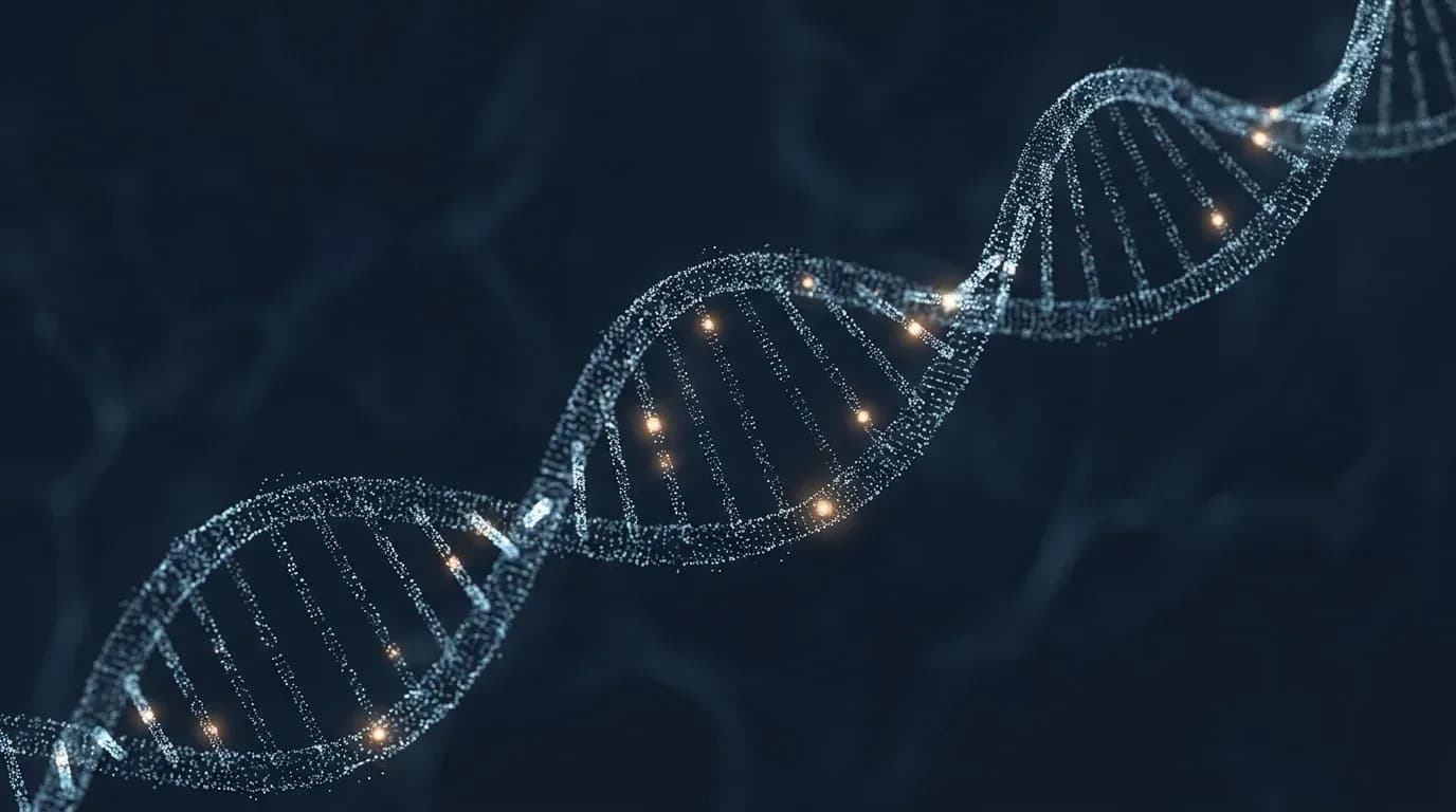Illustration of a DNA double helix rendered as glowing data points