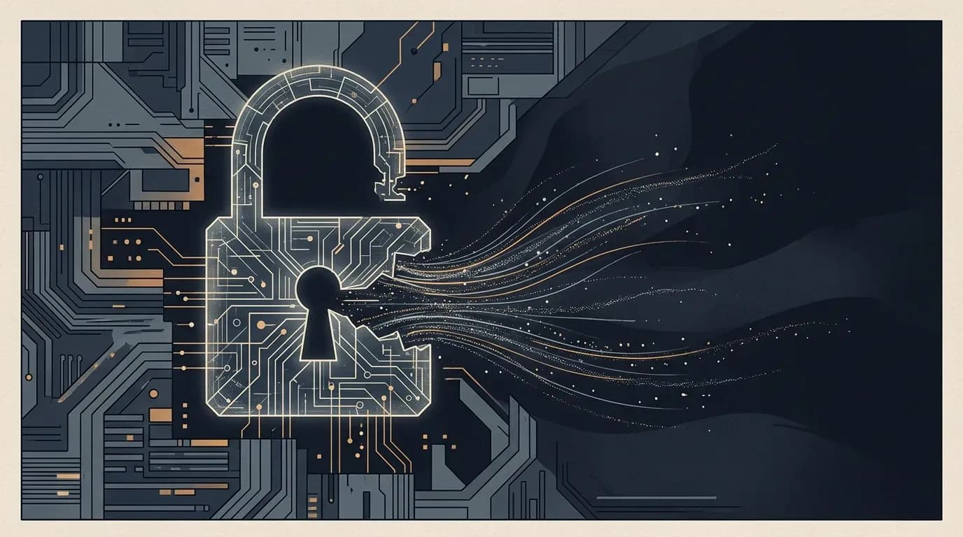 Illustration of a breached digital padlock made of circuitry with data streaming out into darkness