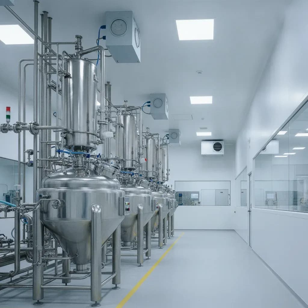 Interior of a modern biopharmaceutical manufacturing facility, with stainless steel bioreactor vessels in a clean production hall