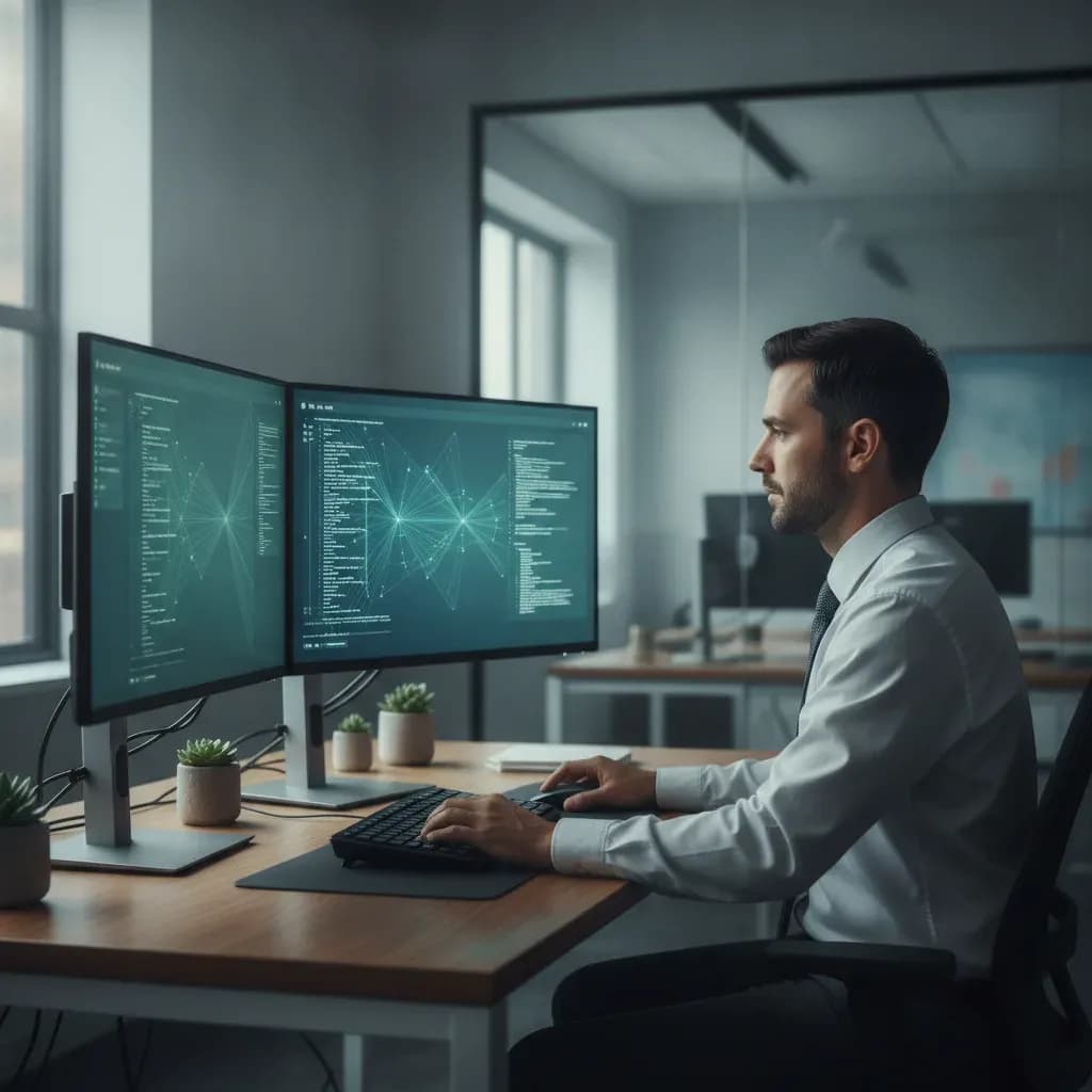 Developer at a workstation in a modern corporate technology office reviewing code on dual monitors