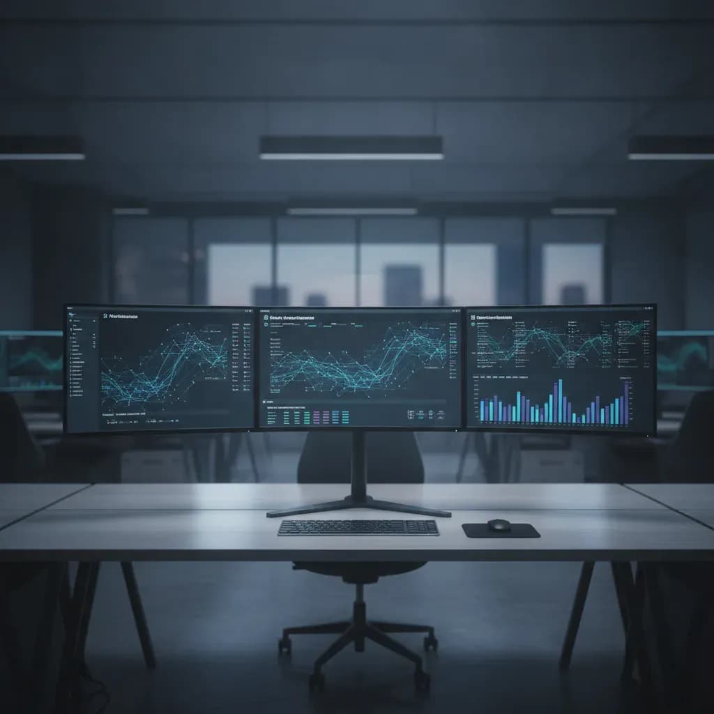 Financial compliance monitors displaying transaction data dashboards in a modern fintech office
