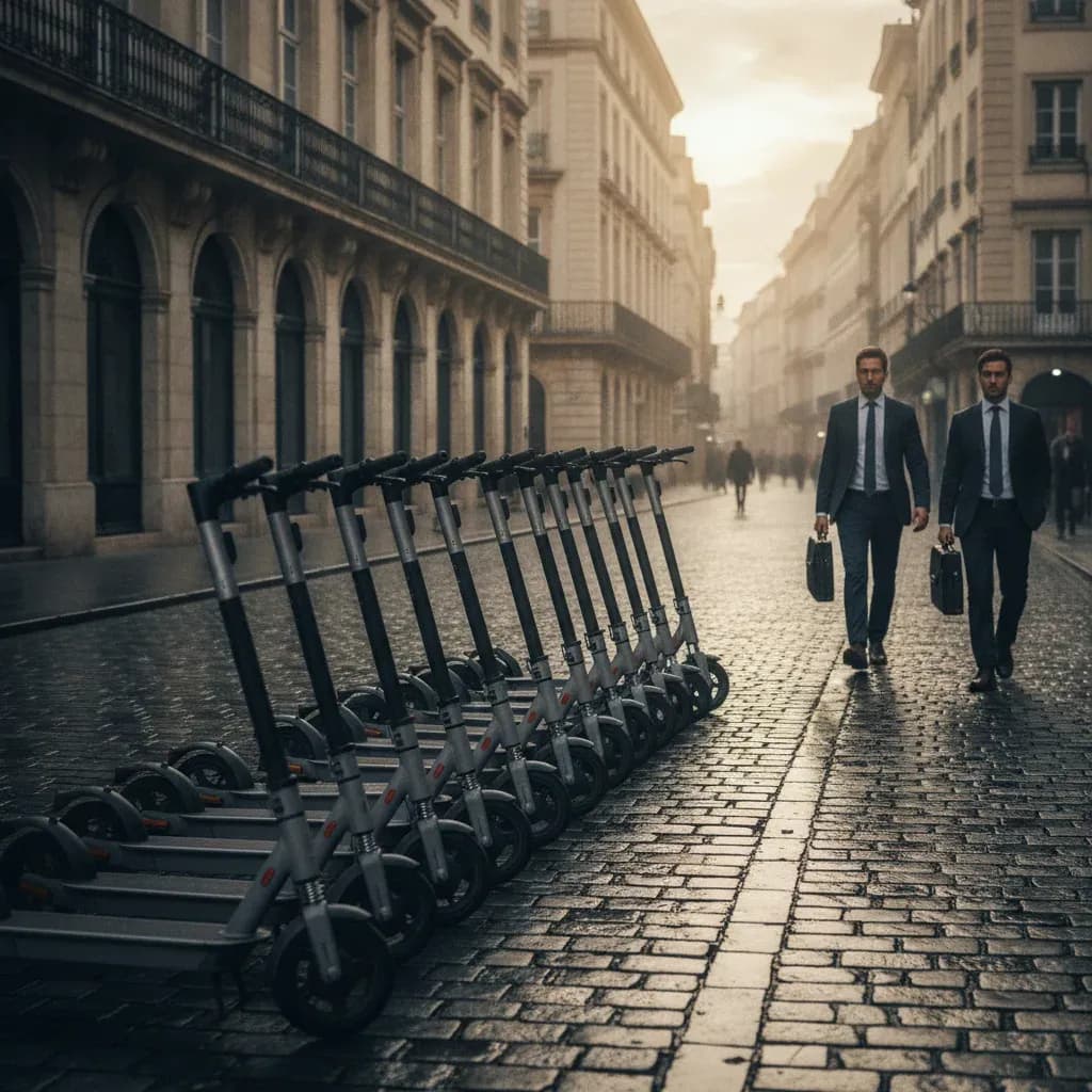 Electric scooters parked on a European cobblestone street in morning light