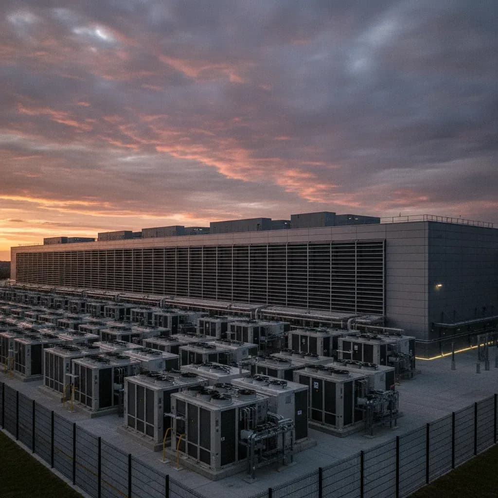 Exterior of a hyperscale data center facility at dusk, with rows of cooling infrastructure and server buildings