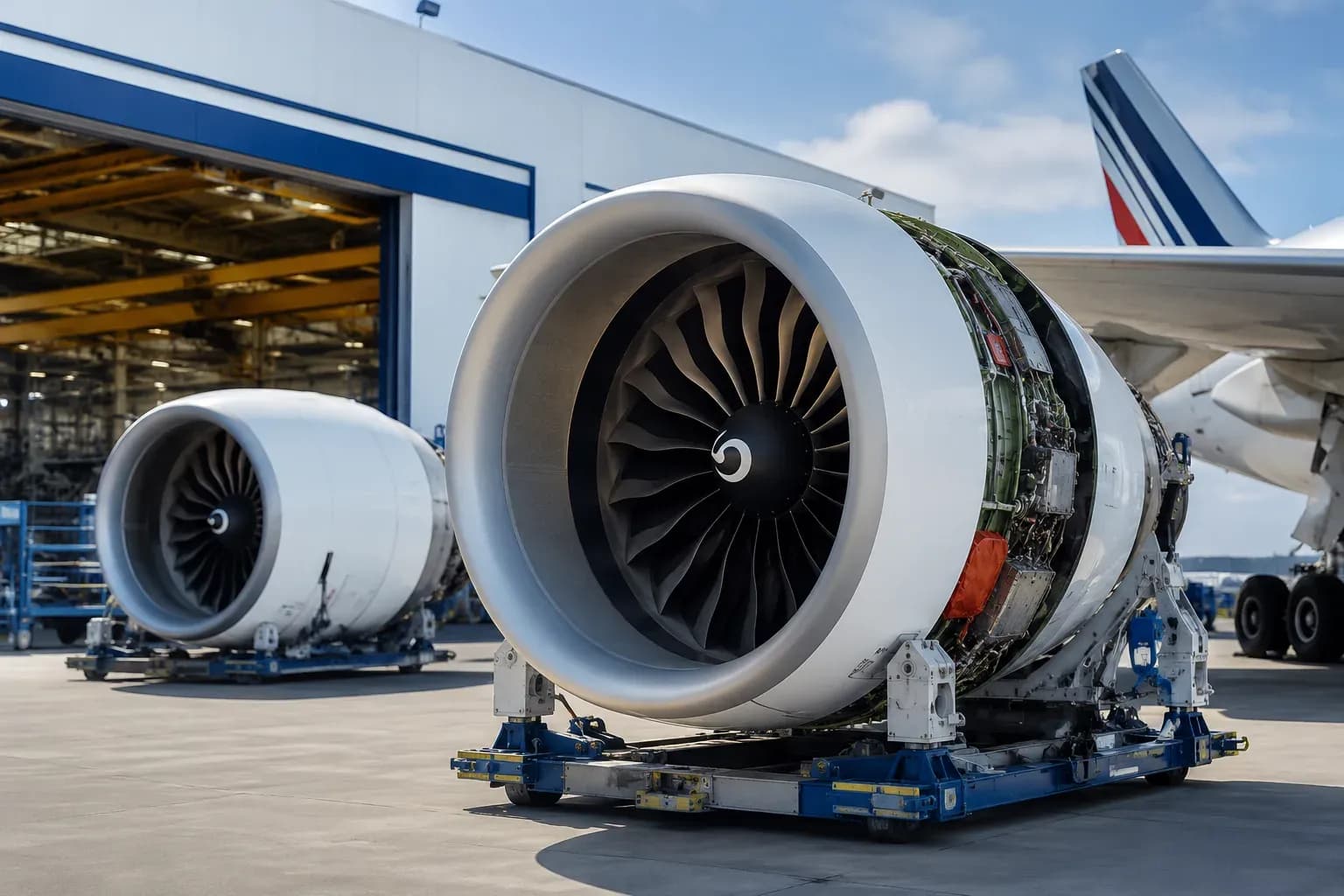 Jet engine open for maintenance in a hangar with Air France KLM aircraft in background