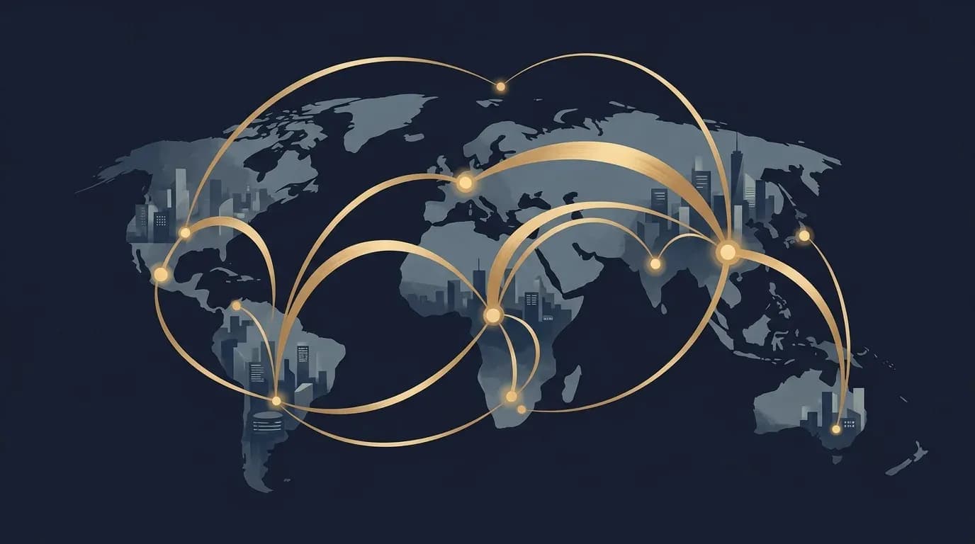 Illustration of enterprise stablecoin payment flows connecting emerging markets across a global network