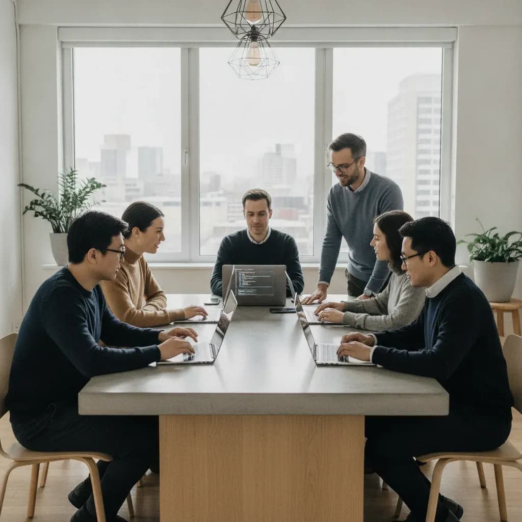 Entrepreneurs and small business owners collaborating on software using an AI app builder platform