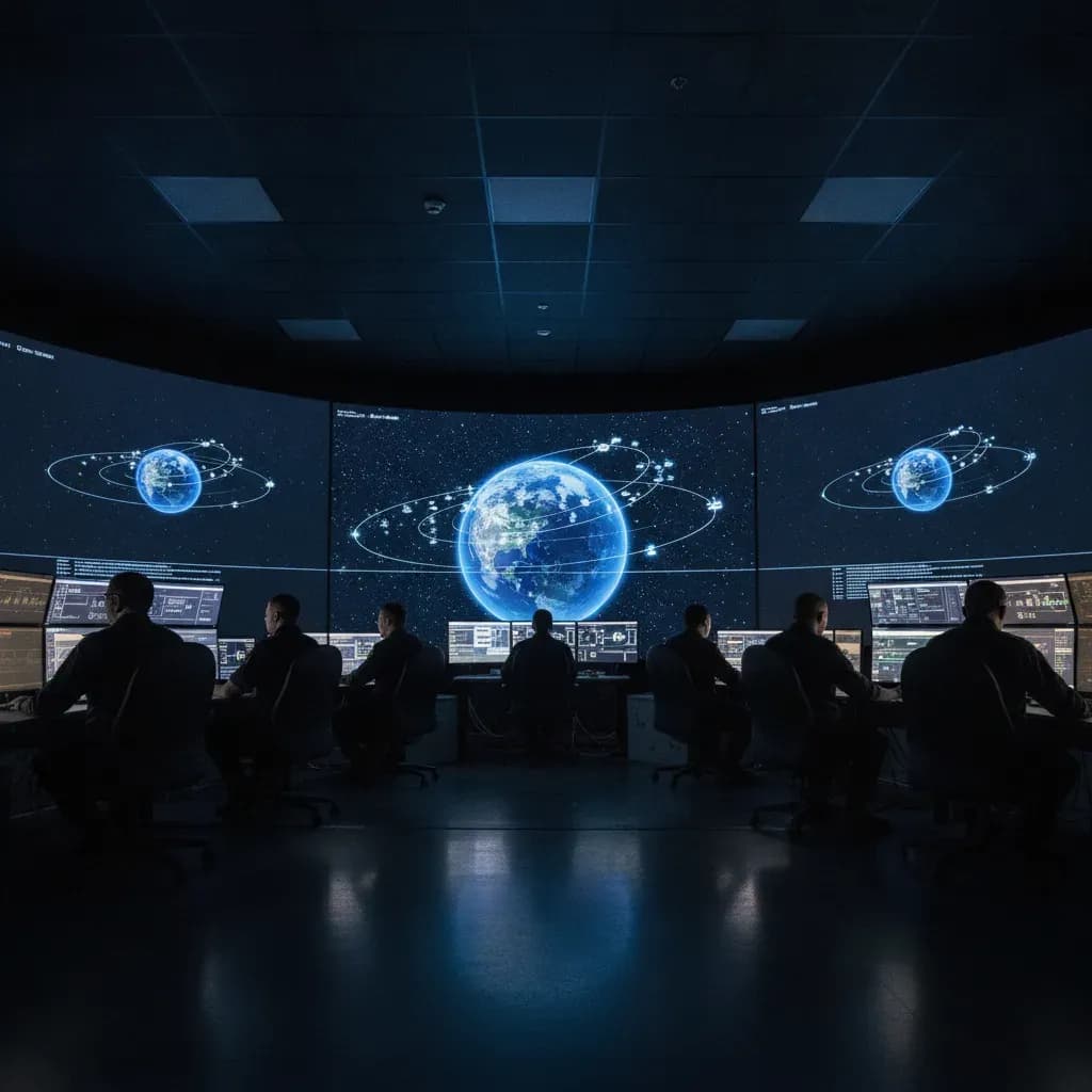 Space operations control room with orbital tracking displays showing satellite paths around Earth